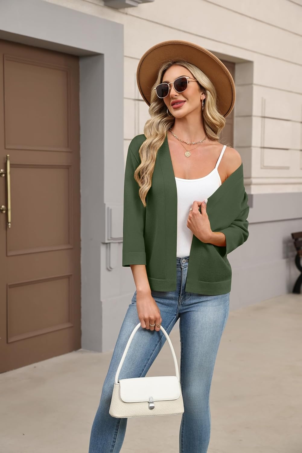 image:imageZeagoo Womens 34 Sleeve Cropped Cardigan Sweater Lightweight Bolero ShrugsGreen