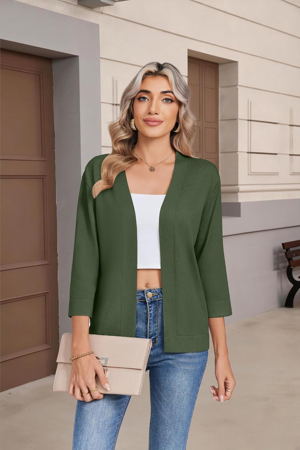 image:imageZeagoo Womens 34 Sleeve Cropped Cardigan Sweater Lightweight Bolero ShrugsGreen