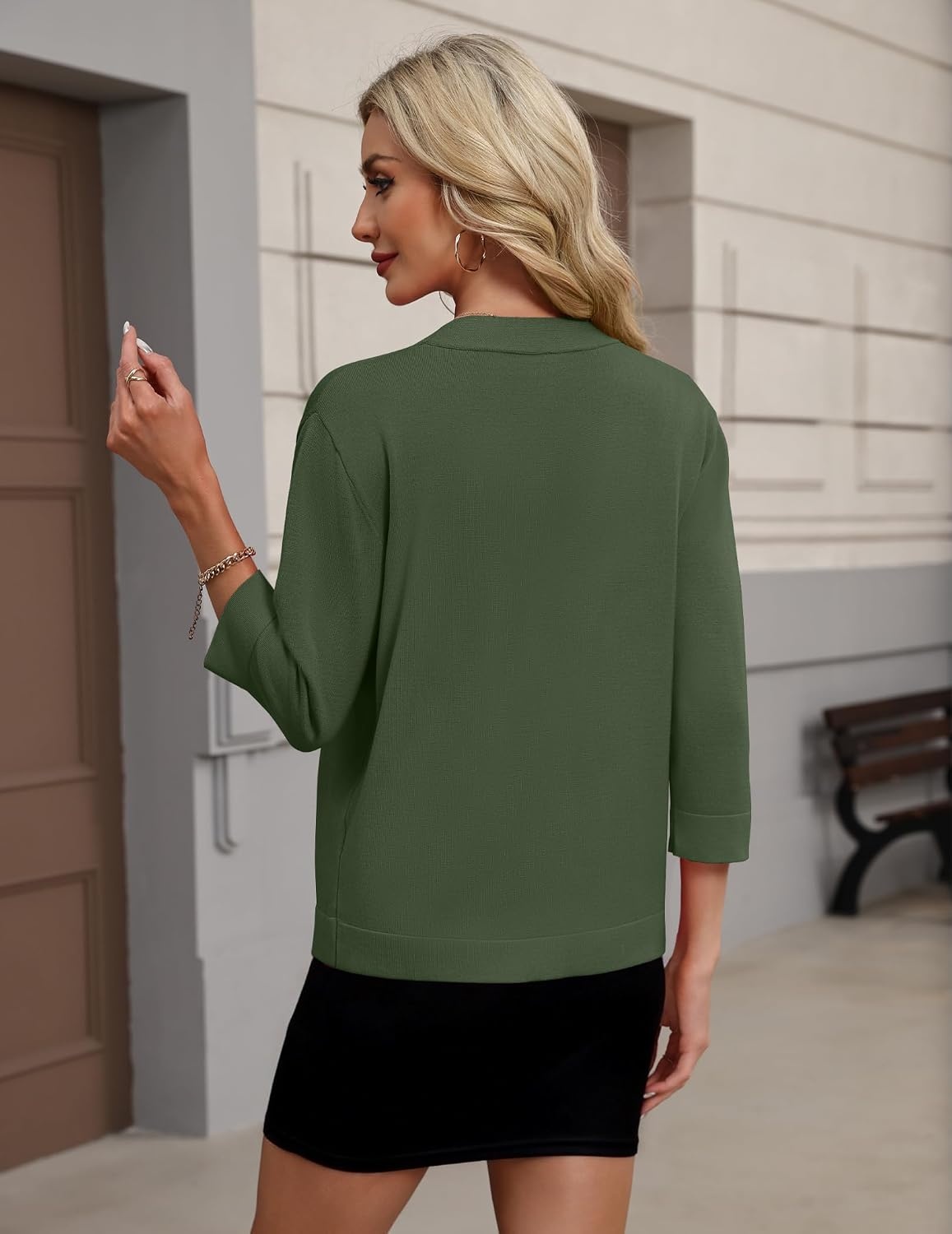 image:imageZeagoo Womens 34 Sleeve Cropped Cardigan Sweater Lightweight Bolero ShrugsGreen