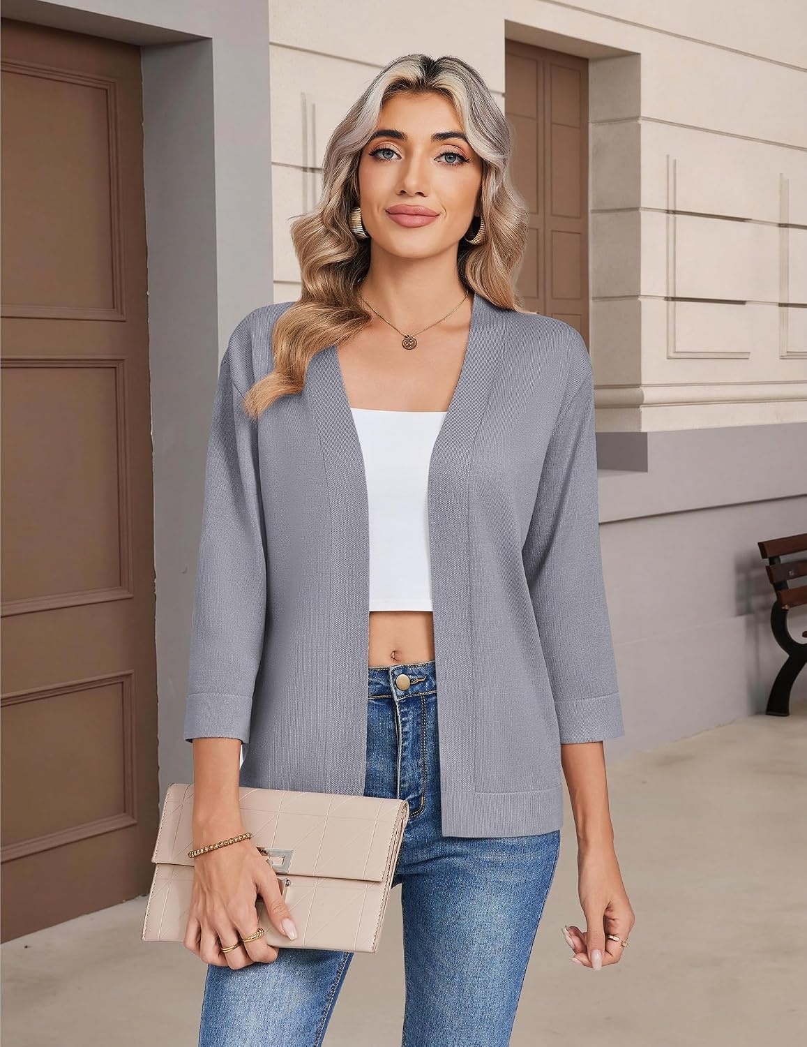 image:imageZeagoo Womens 34 Sleeve Cropped Cardigan Sweater Lightweight Bolero ShrugsGrey