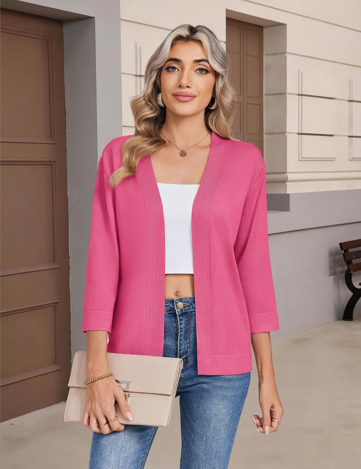 image:imageZeagoo Womens 34 Sleeve Cropped Cardigan Sweater Lightweight Bolero ShrugsPink