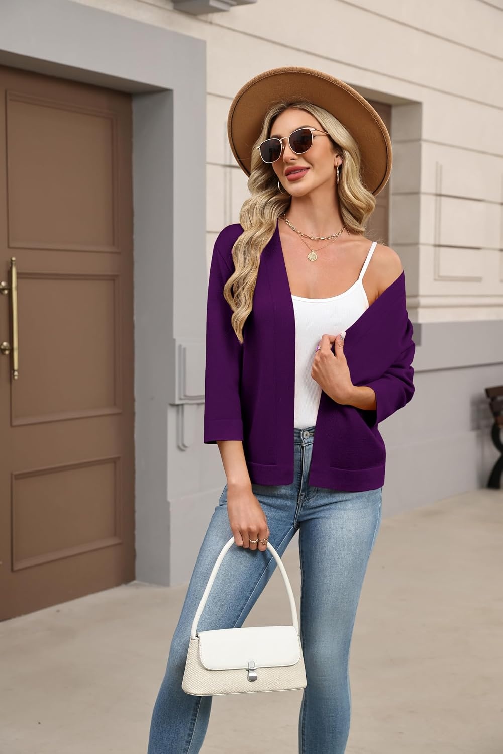 image:imageZeagoo Womens 34 Sleeve Cropped Cardigan Sweater Lightweight Bolero ShrugsPurple