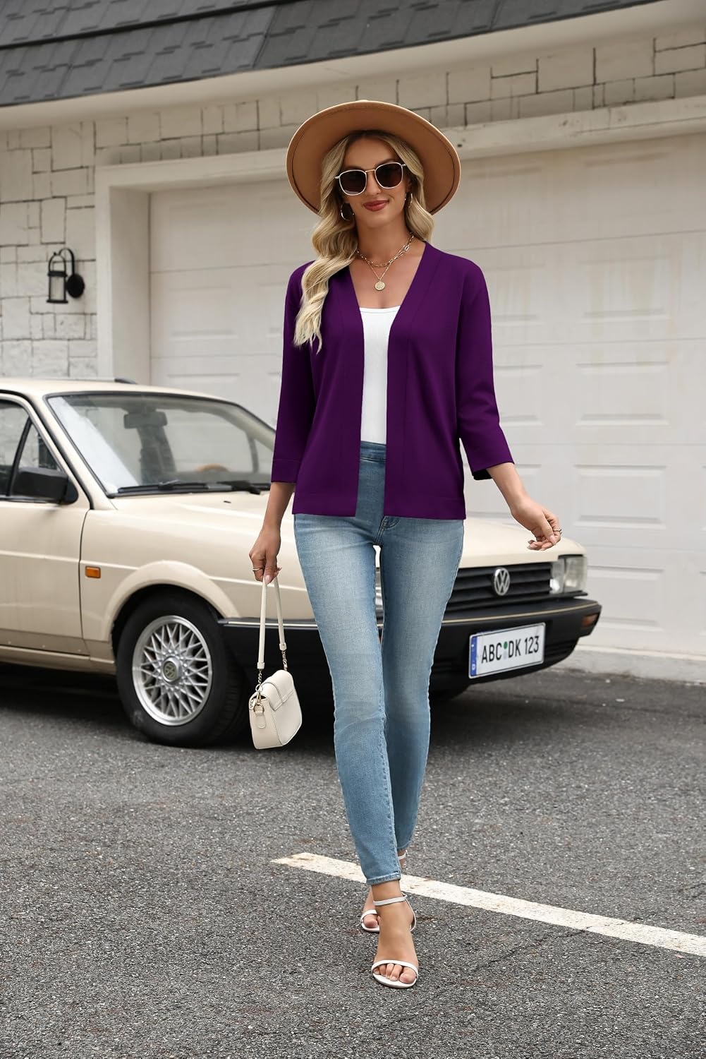image:imageZeagoo Womens 34 Sleeve Cropped Cardigan Sweater Lightweight Bolero ShrugsPurple