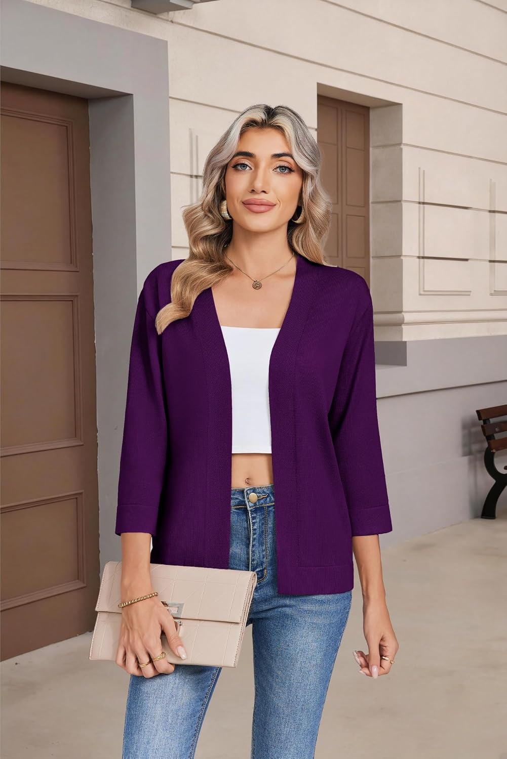 image:imageZeagoo Womens 34 Sleeve Cropped Cardigan Sweater Lightweight Bolero ShrugsPurple