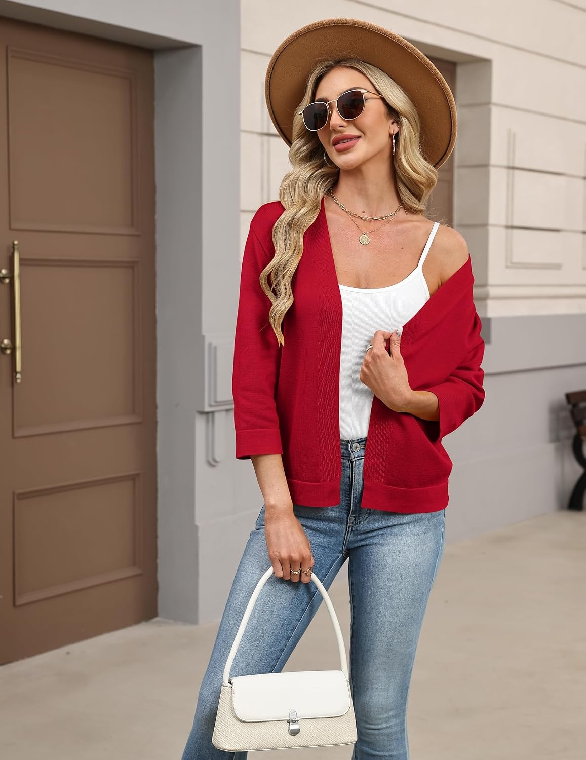 image:imageZeagoo Womens 34 Sleeve Cropped Cardigan Sweater Lightweight Bolero ShrugsRed