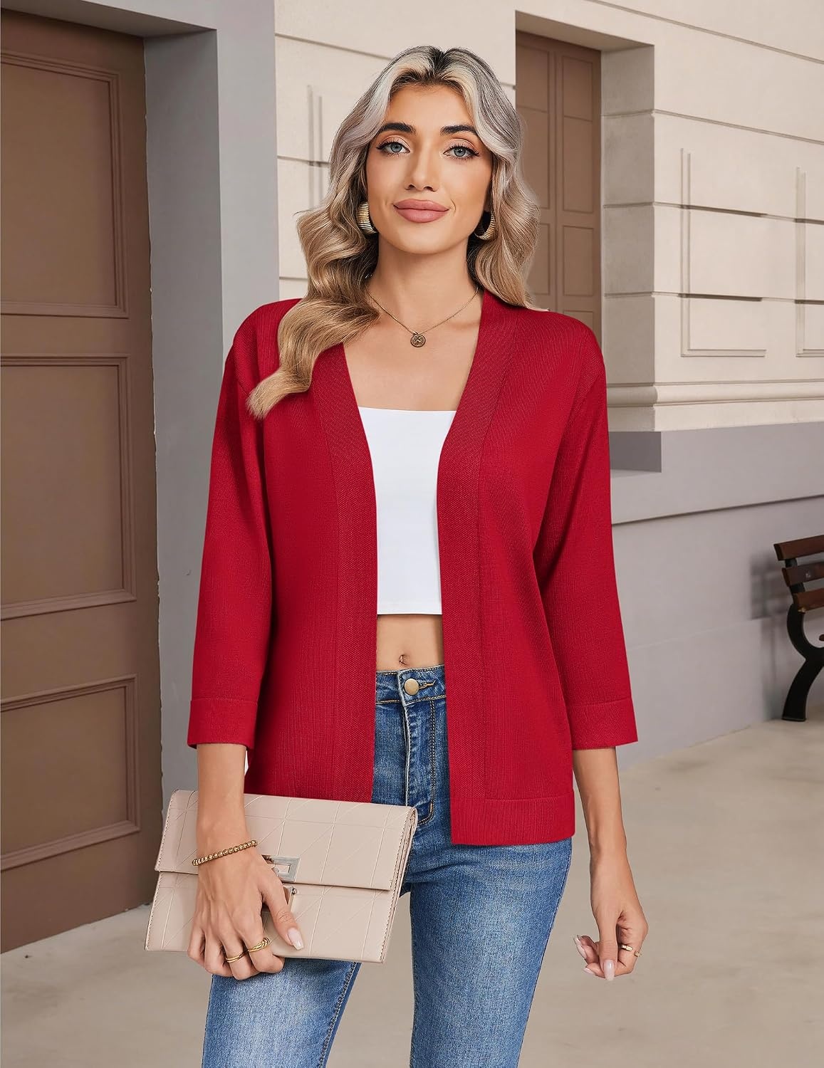 image:imageZeagoo Womens 34 Sleeve Cropped Cardigan Sweater Lightweight Bolero ShrugsRed