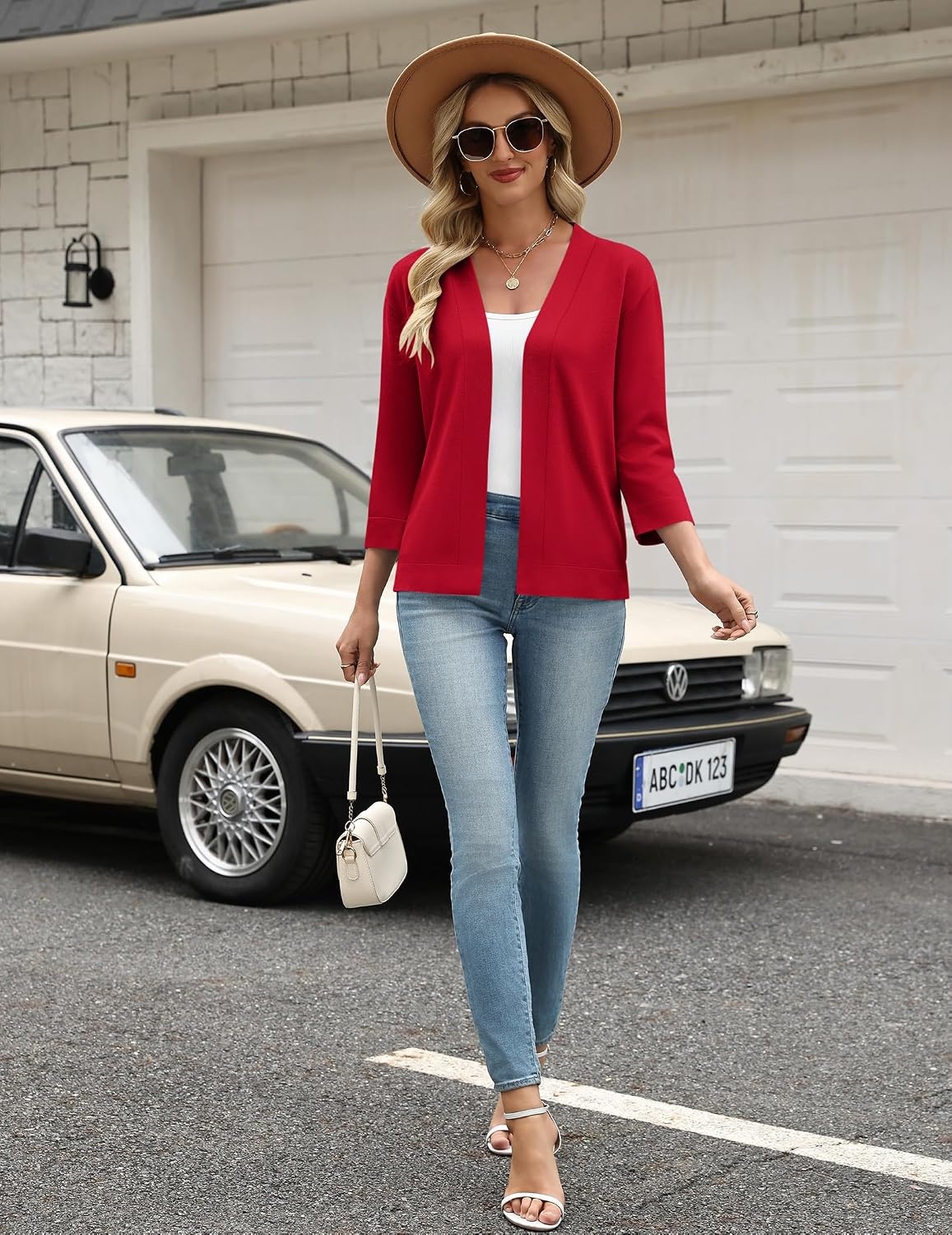image:imageZeagoo Womens 34 Sleeve Cropped Cardigan Sweater Lightweight Bolero ShrugsRed