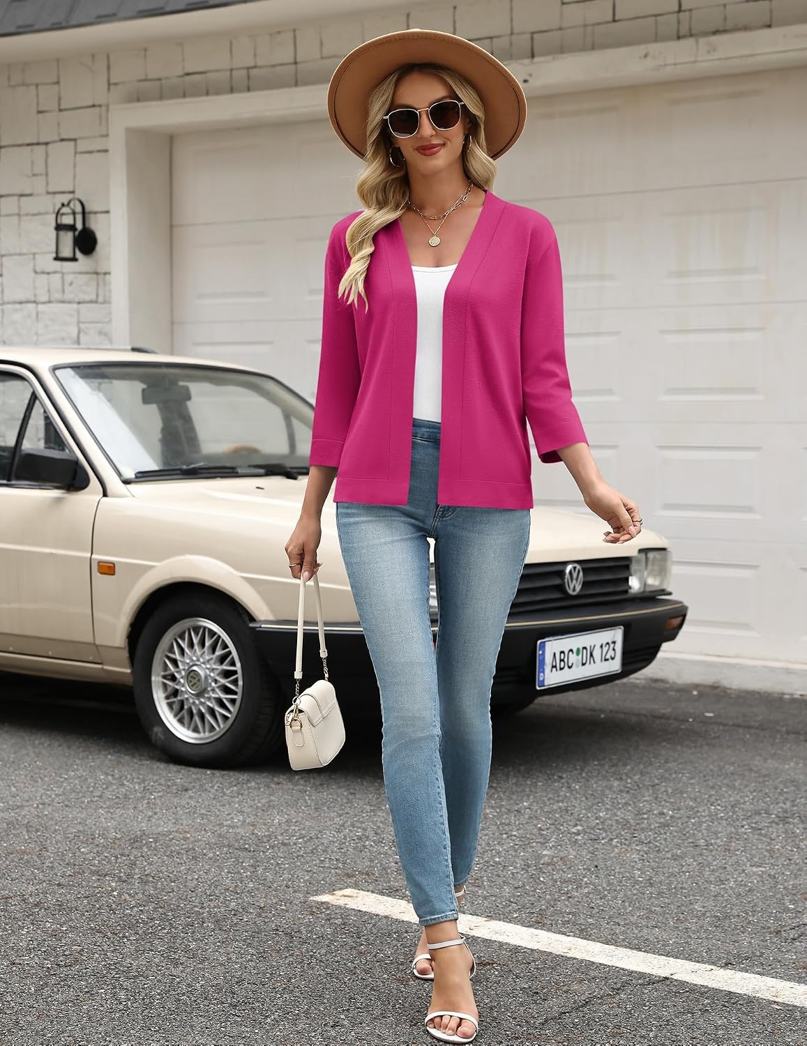 image:imageZeagoo Womens 34 Sleeve Cropped Cardigan Sweater Lightweight Bolero ShrugsRose Red