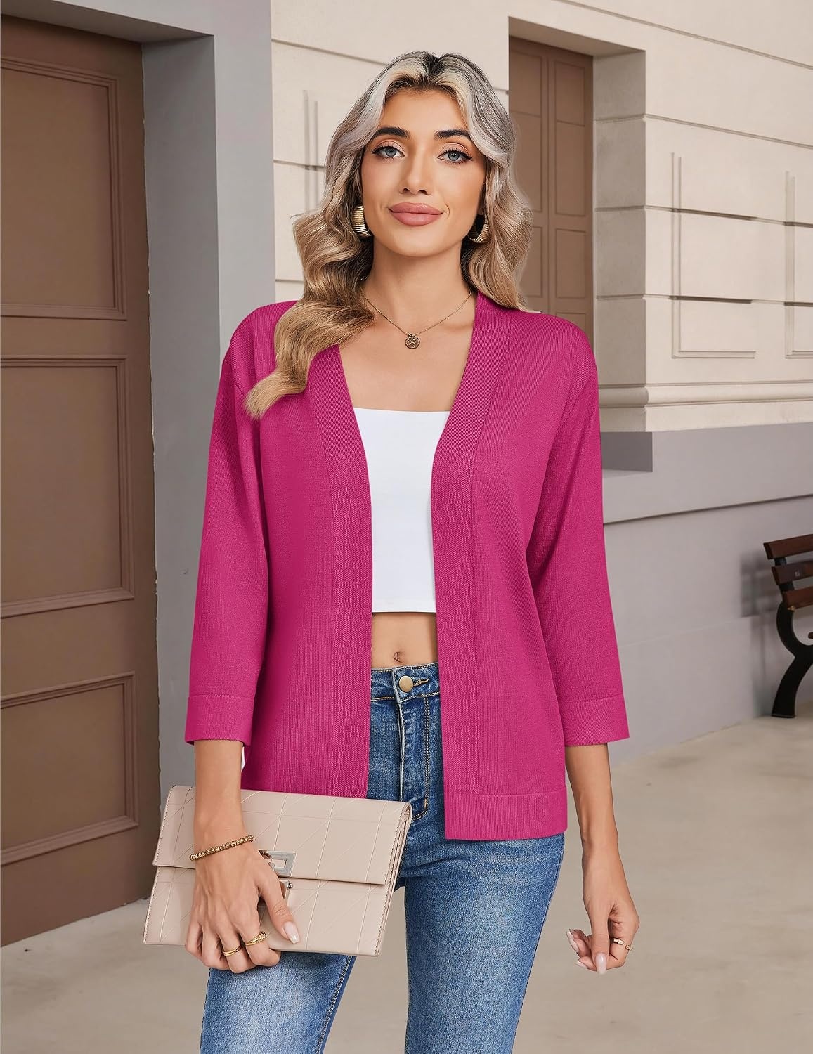 image:imageZeagoo Womens 34 Sleeve Cropped Cardigan Sweater Lightweight Bolero ShrugsRose Red