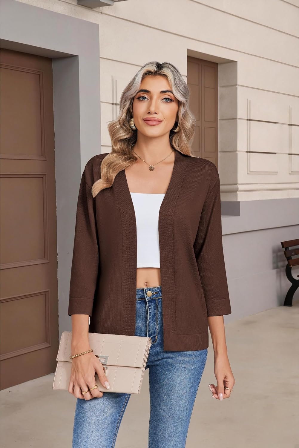image:imageZeagoo Womens 34 Sleeve Cropped Cardigan Sweater Lightweight Bolero ShrugsTeal