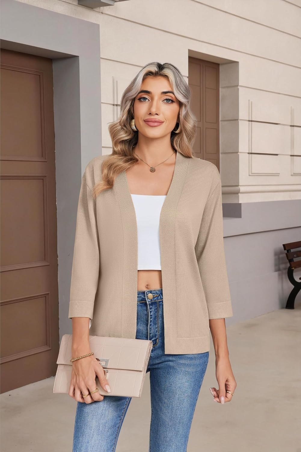 image:imageZeagoo Womens 34 Sleeve Cropped Cardigan Sweater Lightweight Bolero ShrugsWarm Apricot
