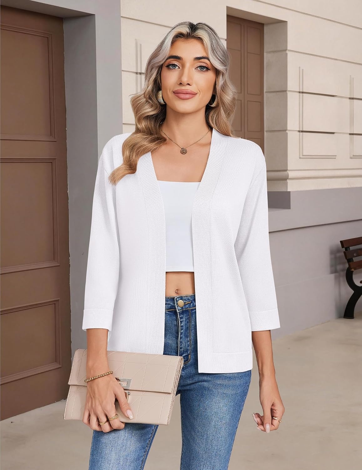 image:imageZeagoo Womens 34 Sleeve Cropped Cardigan Sweater Lightweight Bolero ShrugsWhite