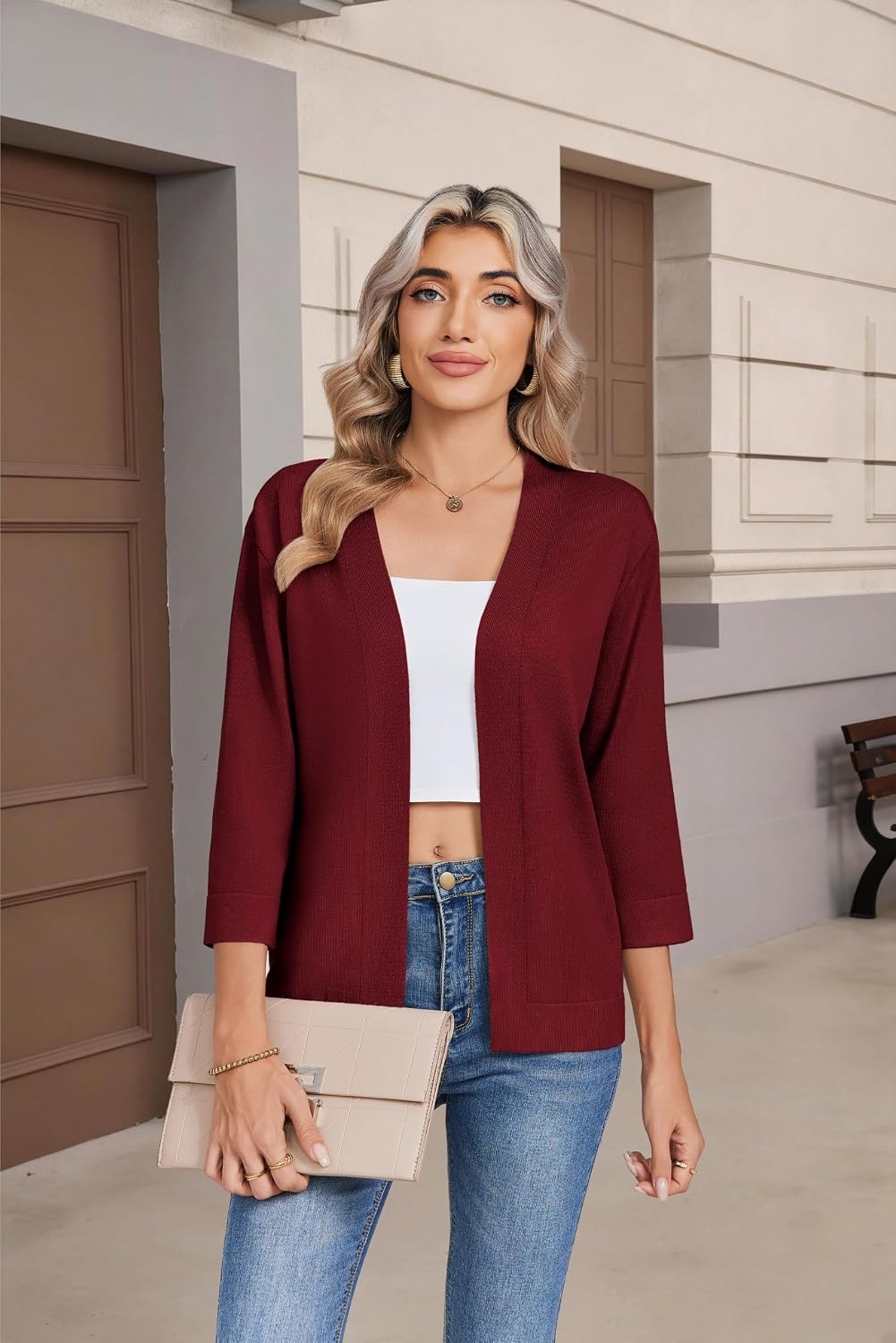 image:imageZeagoo Womens 34 Sleeve Cropped Cardigan Sweater Lightweight Bolero ShrugsWine Red
