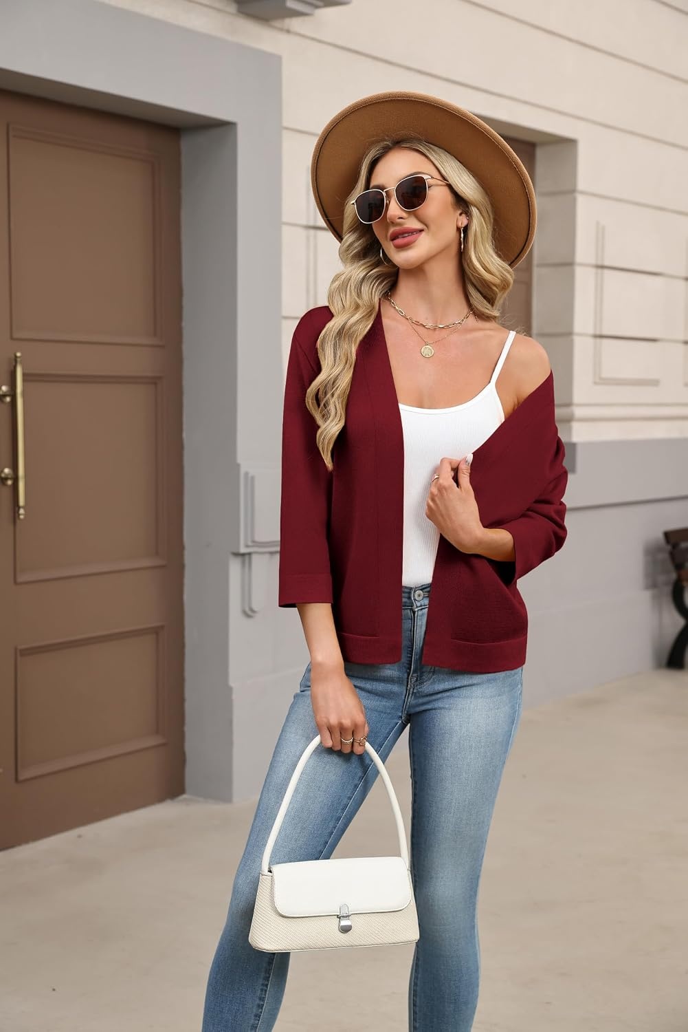 image:imageZeagoo Womens 34 Sleeve Cropped Cardigan Sweater Lightweight Bolero ShrugsWine Red