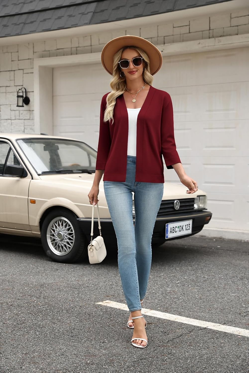 image:imageZeagoo Womens 34 Sleeve Cropped Cardigan Sweater Lightweight Bolero ShrugsWine Red