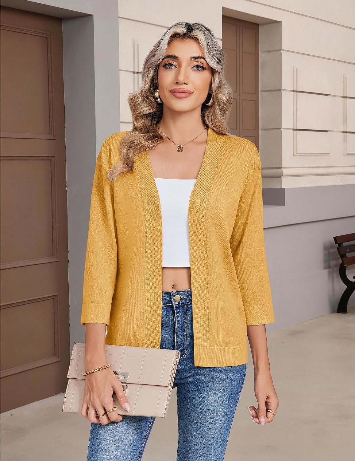 image:imageZeagoo Womens 34 Sleeve Cropped Cardigan Sweater Lightweight Bolero ShrugsYellow