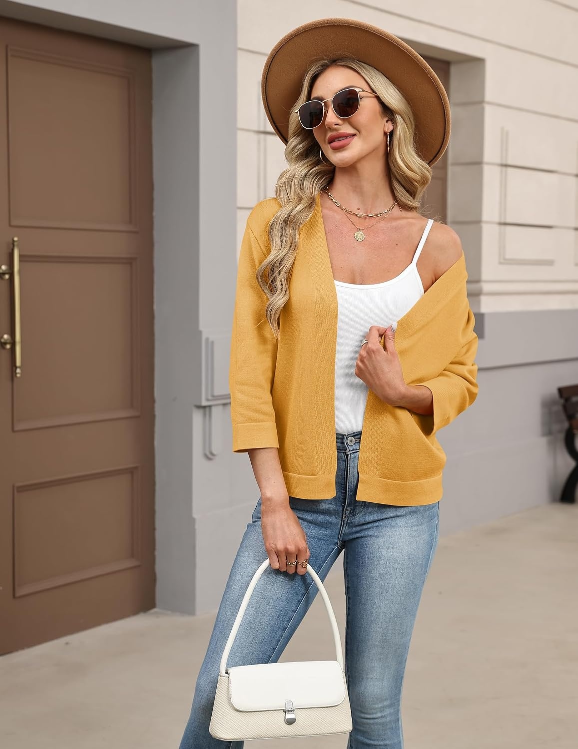 image:imageZeagoo Womens 34 Sleeve Cropped Cardigan Sweater Lightweight Bolero ShrugsYellow