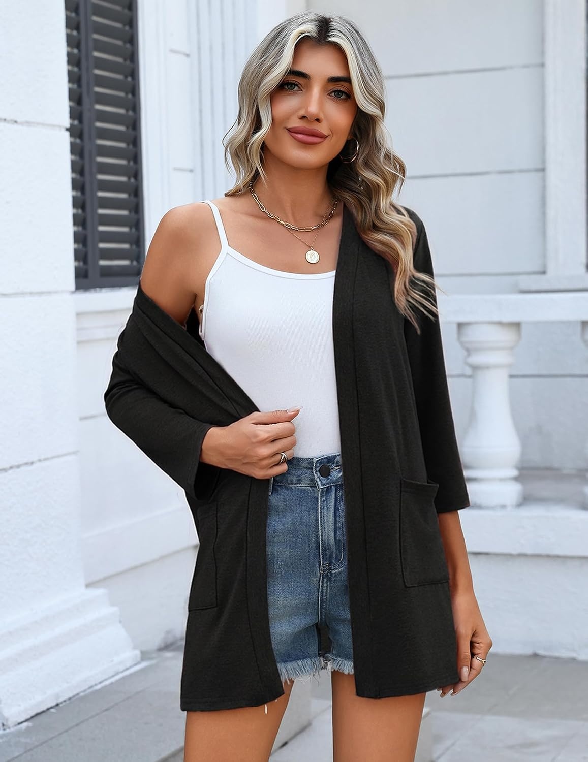 image:imageZeagoo Womens 34 Sleeve Lightweight Cardigan Casual Open Front CardigansAblack