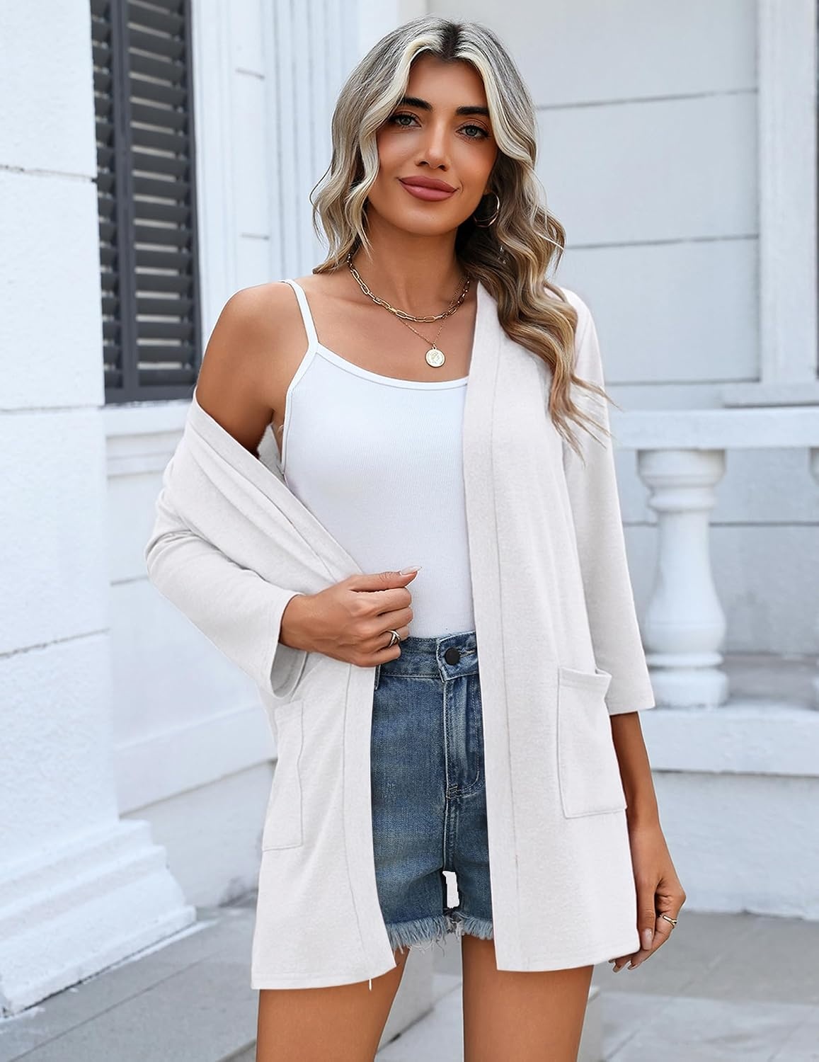 image:imageZeagoo Womens 34 Sleeve Lightweight Cardigan Casual Open Front CardigansAwhite