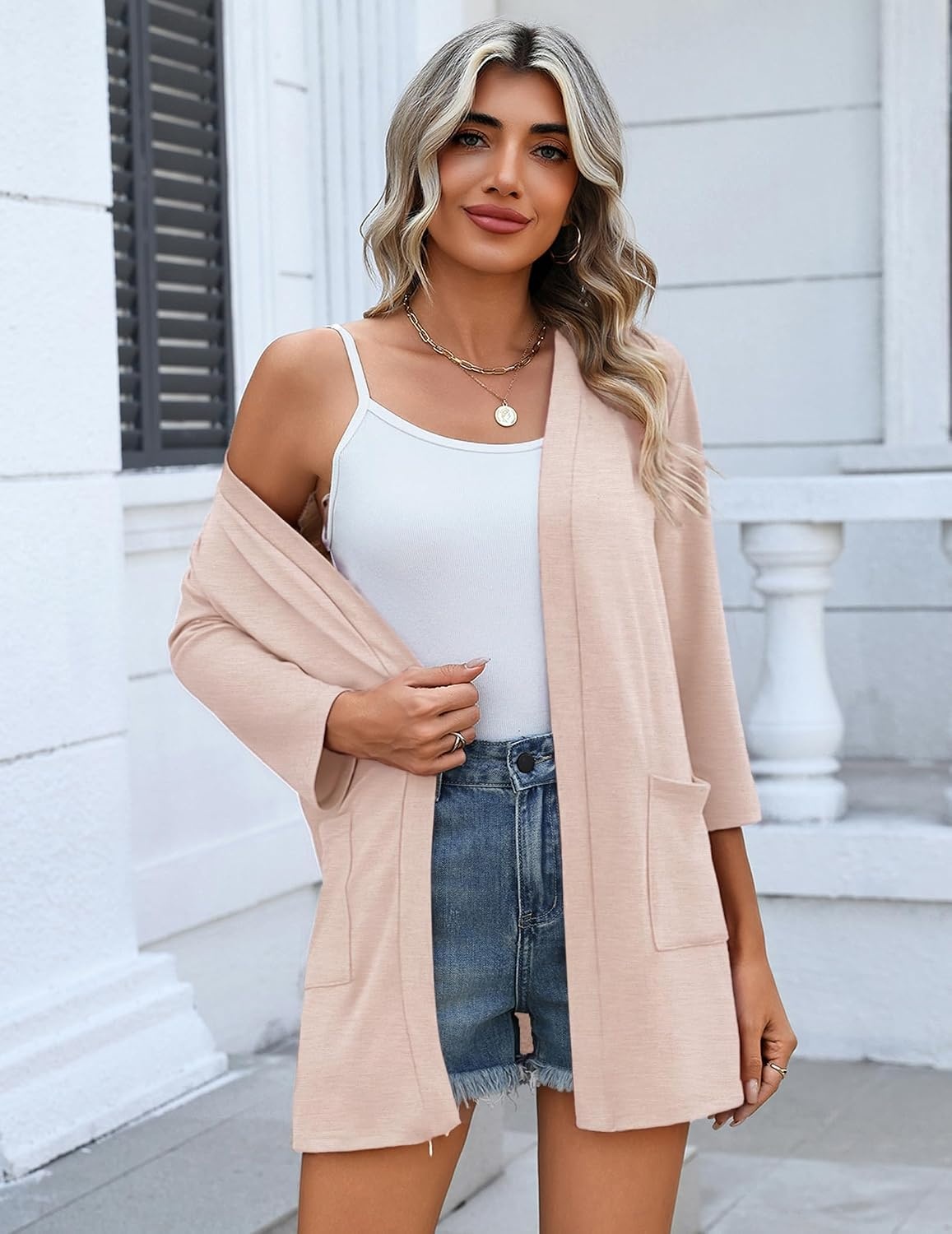 image:imageZeagoo Womens 34 Sleeve Lightweight Cardigan Casual Open Front CardigansChampagne