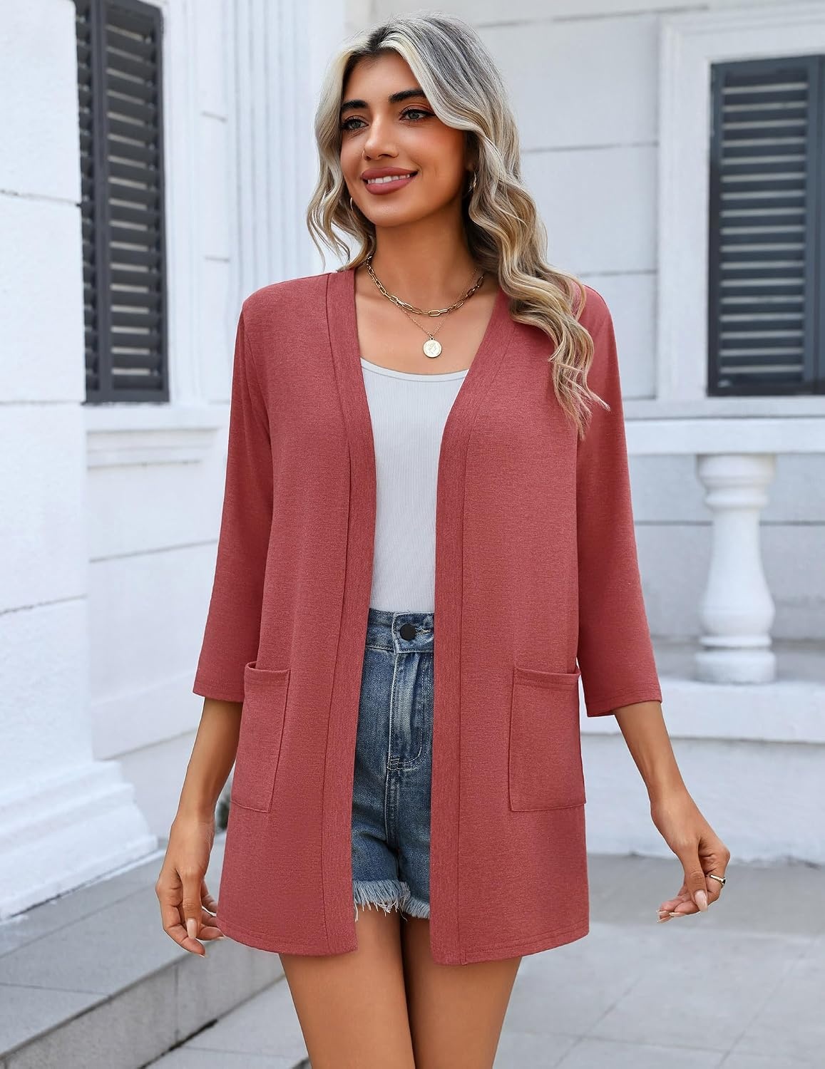 image:imageZeagoo Womens 34 Sleeve Lightweight Cardigan Casual Open Front CardigansDeep Red