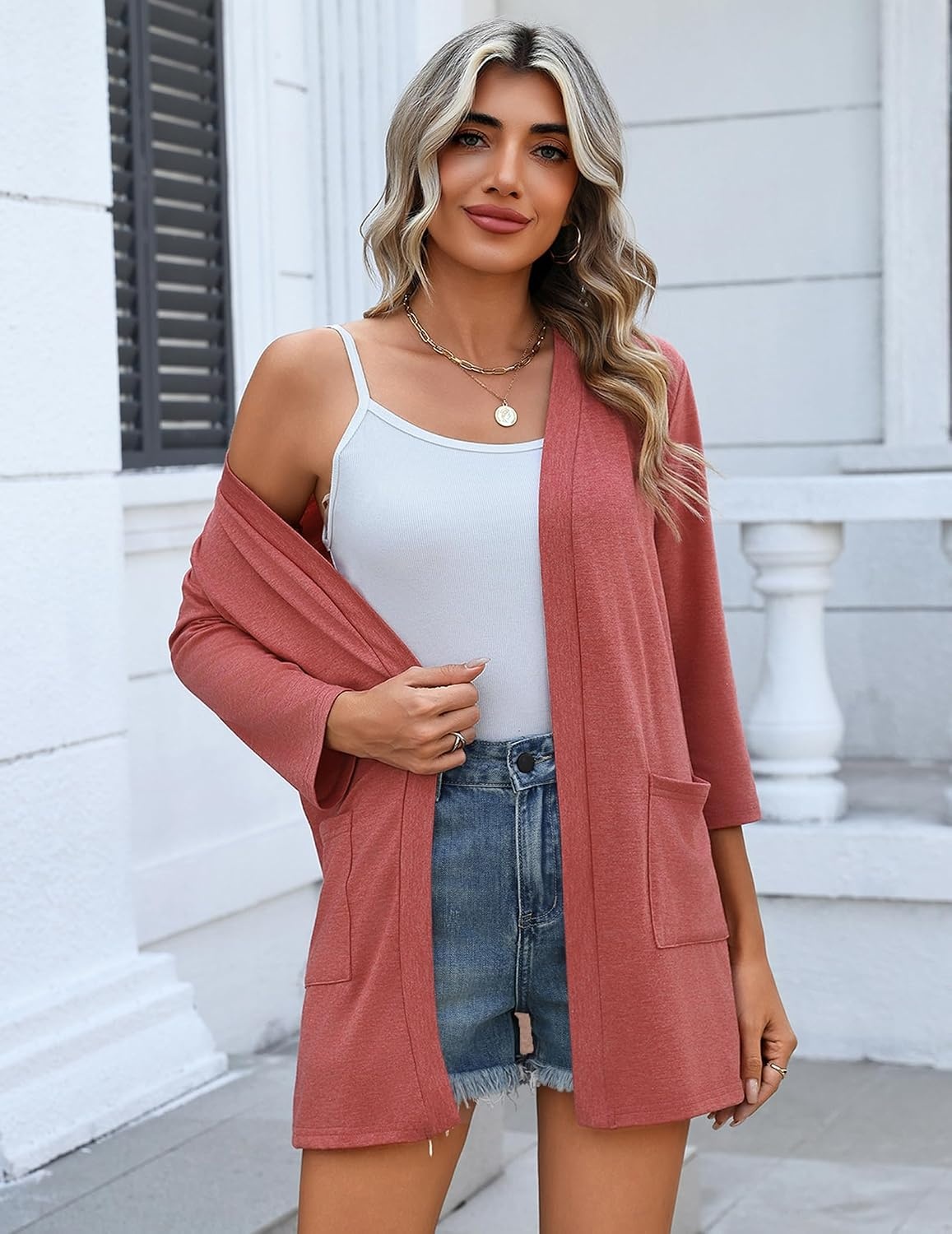 image:imageZeagoo Womens 34 Sleeve Lightweight Cardigan Casual Open Front CardigansDeep Red