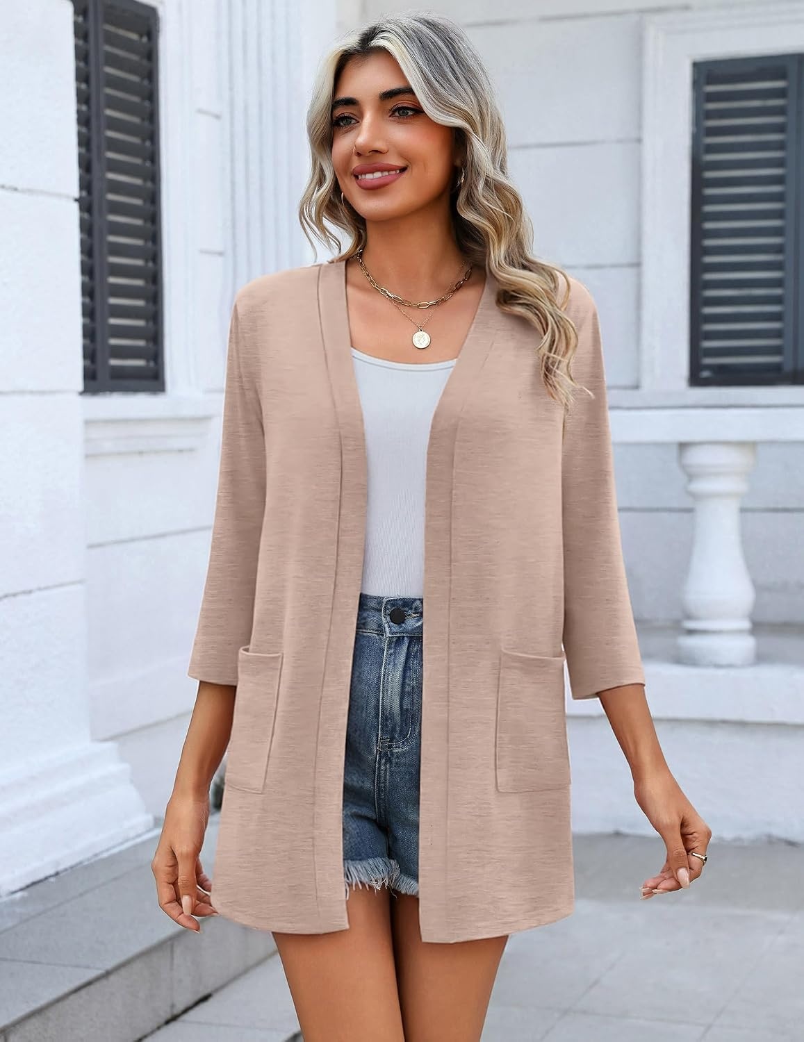 image:imageZeagoo Womens 34 Sleeve Lightweight Cardigan Casual Open Front CardigansKhaki