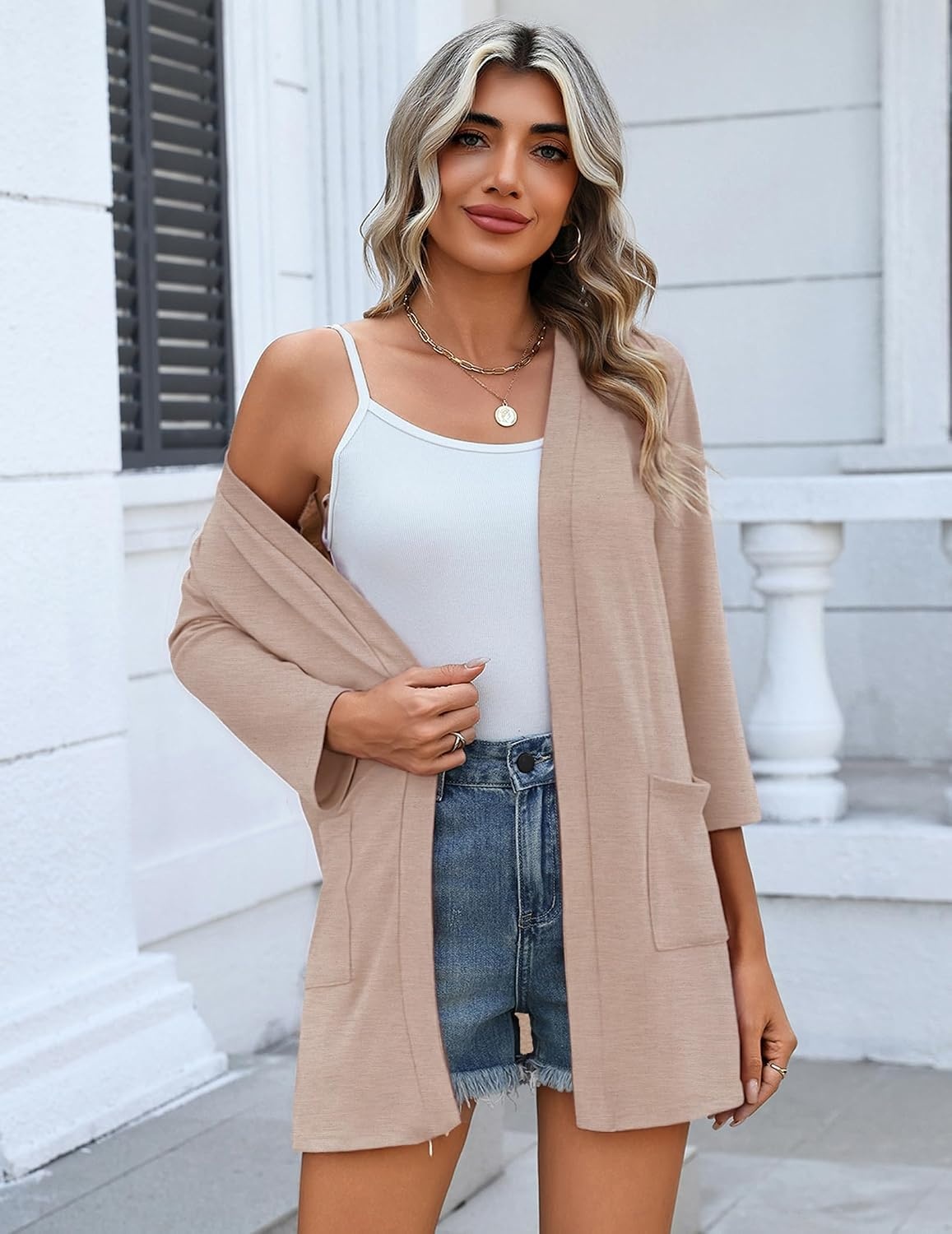 image:imageZeagoo Womens 34 Sleeve Lightweight Cardigan Casual Open Front CardigansKhaki