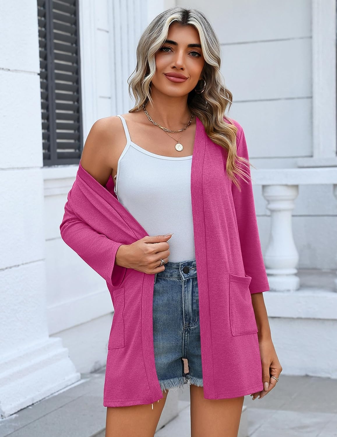 image:imageZeagoo Womens 34 Sleeve Lightweight Cardigan Casual Open Front CardigansRose Red