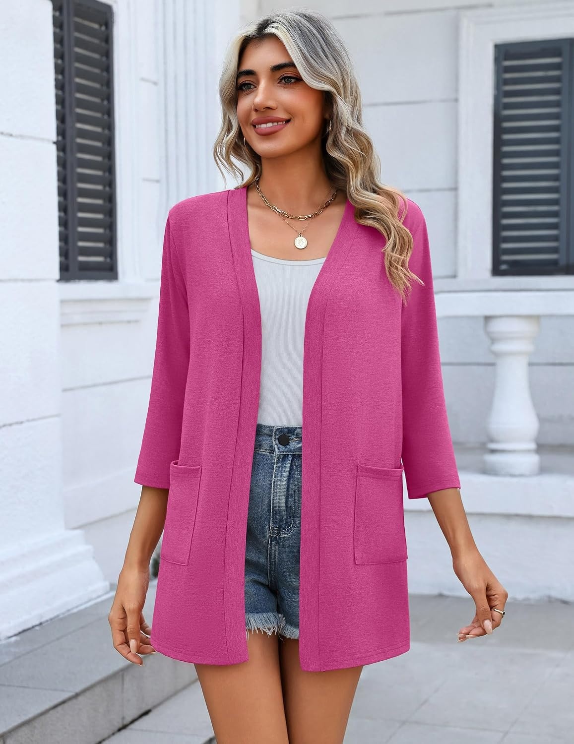 image:imageZeagoo Womens 34 Sleeve Lightweight Cardigan Casual Open Front CardigansRose Red
