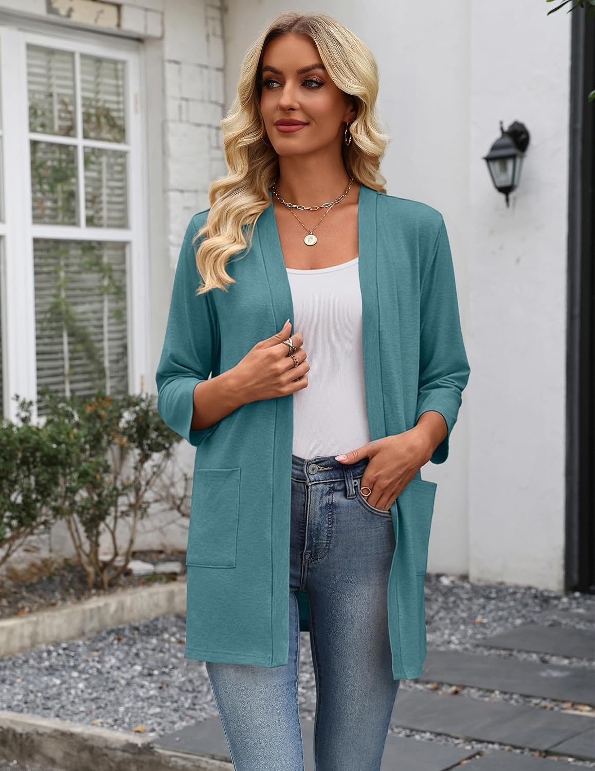 image:imageZeagoo Womens 34 Sleeve Lightweight Cardigan Casual Open Front CardigansTurquoise