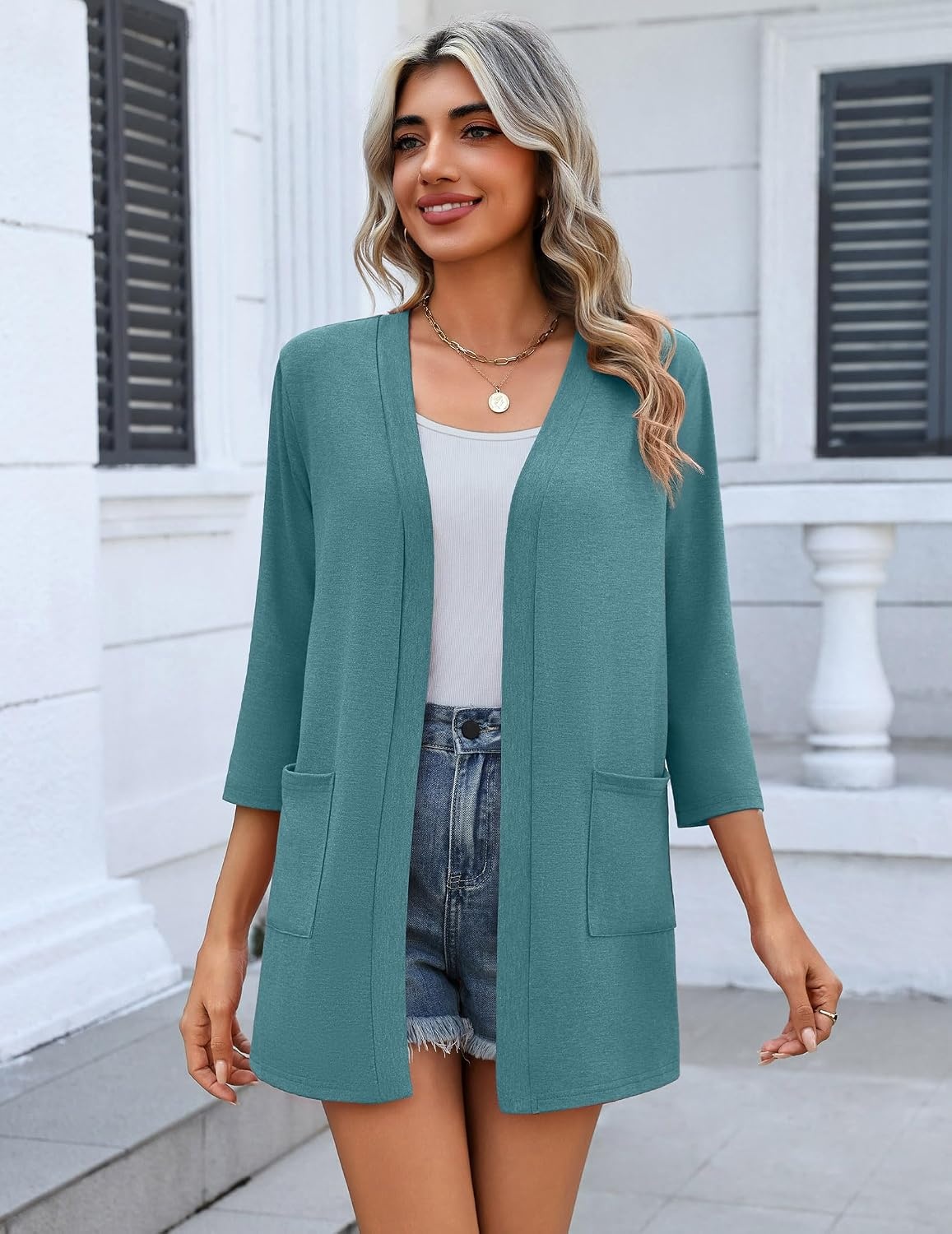 image:imageZeagoo Womens 34 Sleeve Lightweight Cardigan Casual Open Front CardigansTurquoise