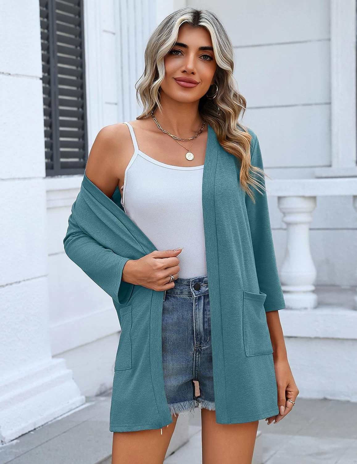 image:imageZeagoo Womens 34 Sleeve Lightweight Cardigan Casual Open Front CardigansTurquoise