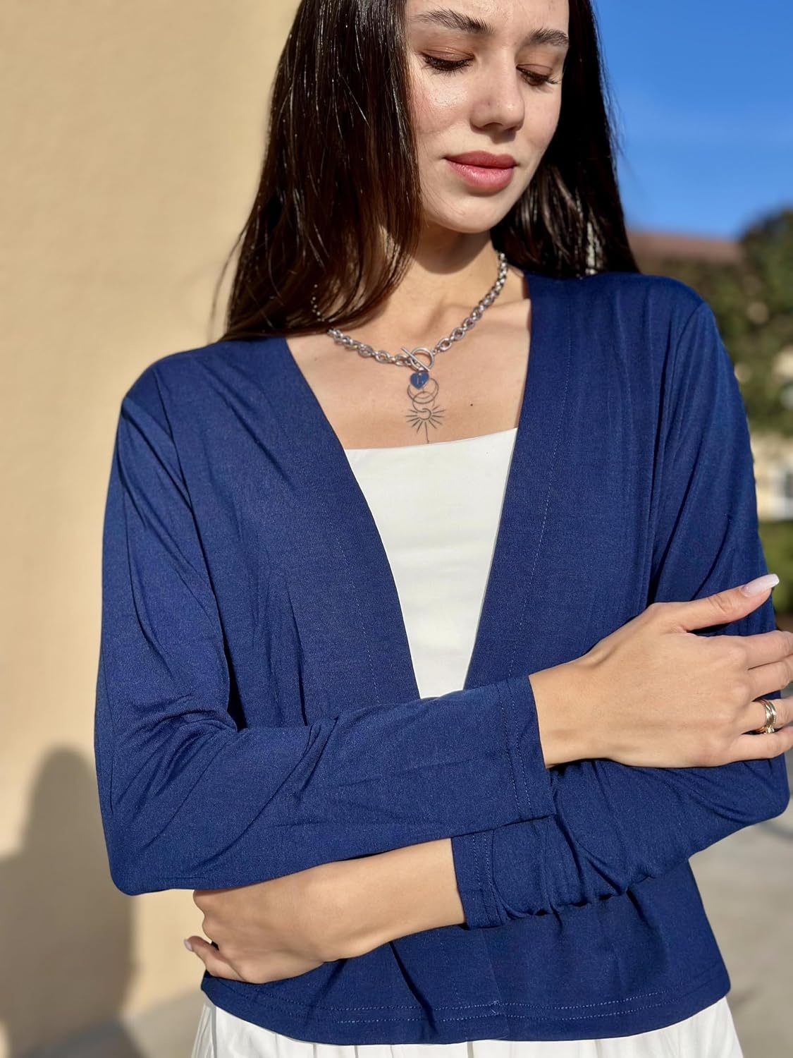 image:imageZeagoo Womens Lightweight Summer Cardigan Thin Cropped Long Sleeve ShrugNavy