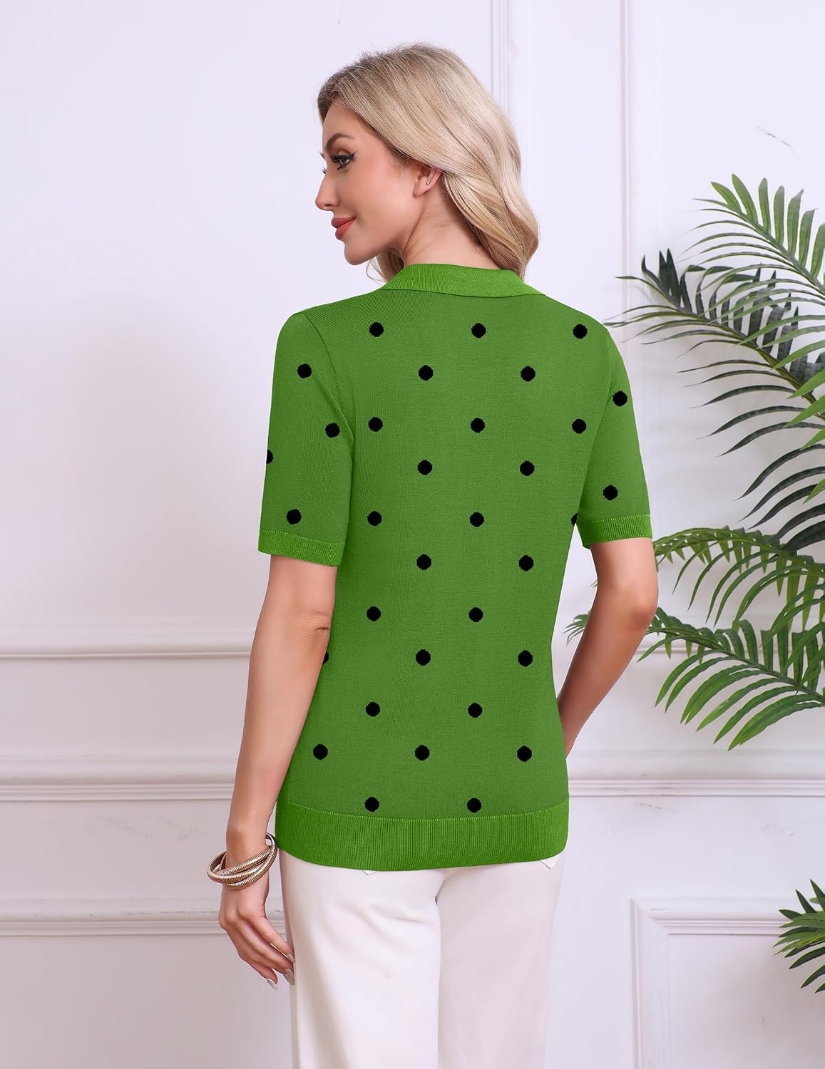 image:imageZeagoo Womens Polo Sweater Short Sleeve V Neck Knitted Business Casual TopsPolka Dot Green