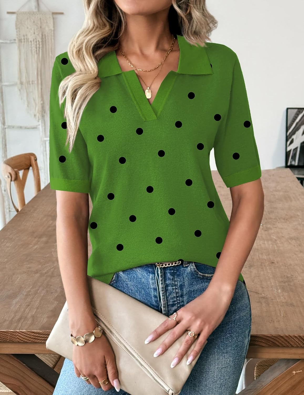 image:imageZeagoo Womens Polo Sweater Short Sleeve V Neck Knitted Business Casual TopsPolka Dot Green