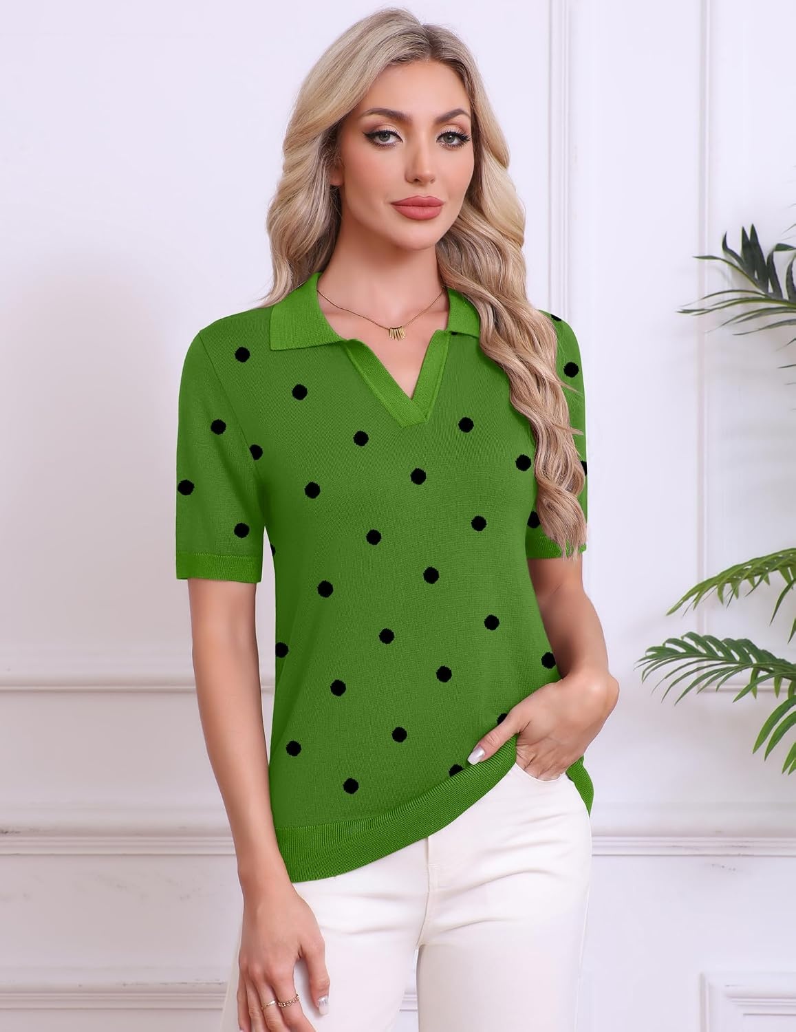 image:imageZeagoo Womens Polo Sweater Short Sleeve V Neck Knitted Business Casual TopsPolka Dot Green
