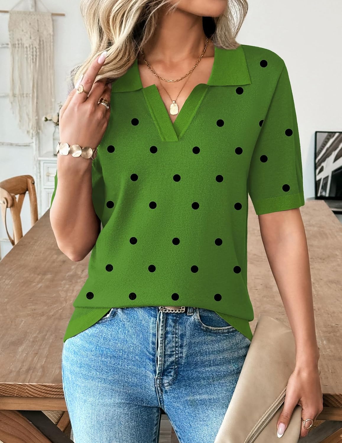 image:imageZeagoo Womens Polo Sweater Short Sleeve V Neck Knitted Business Casual TopsPolka Dot Green