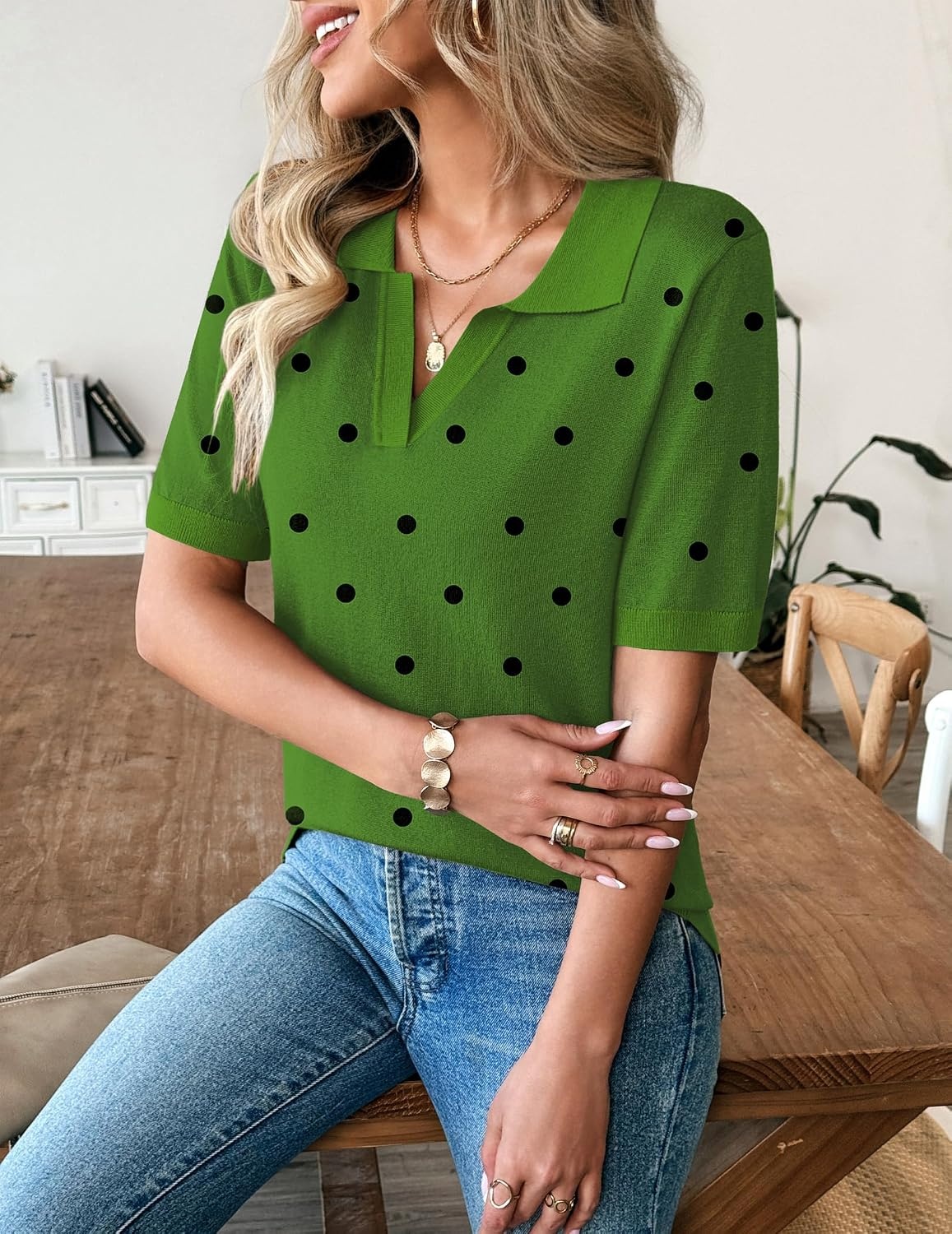image:imageZeagoo Womens Polo Sweater Short Sleeve V Neck Knitted Business Casual TopsPolka Dot Green