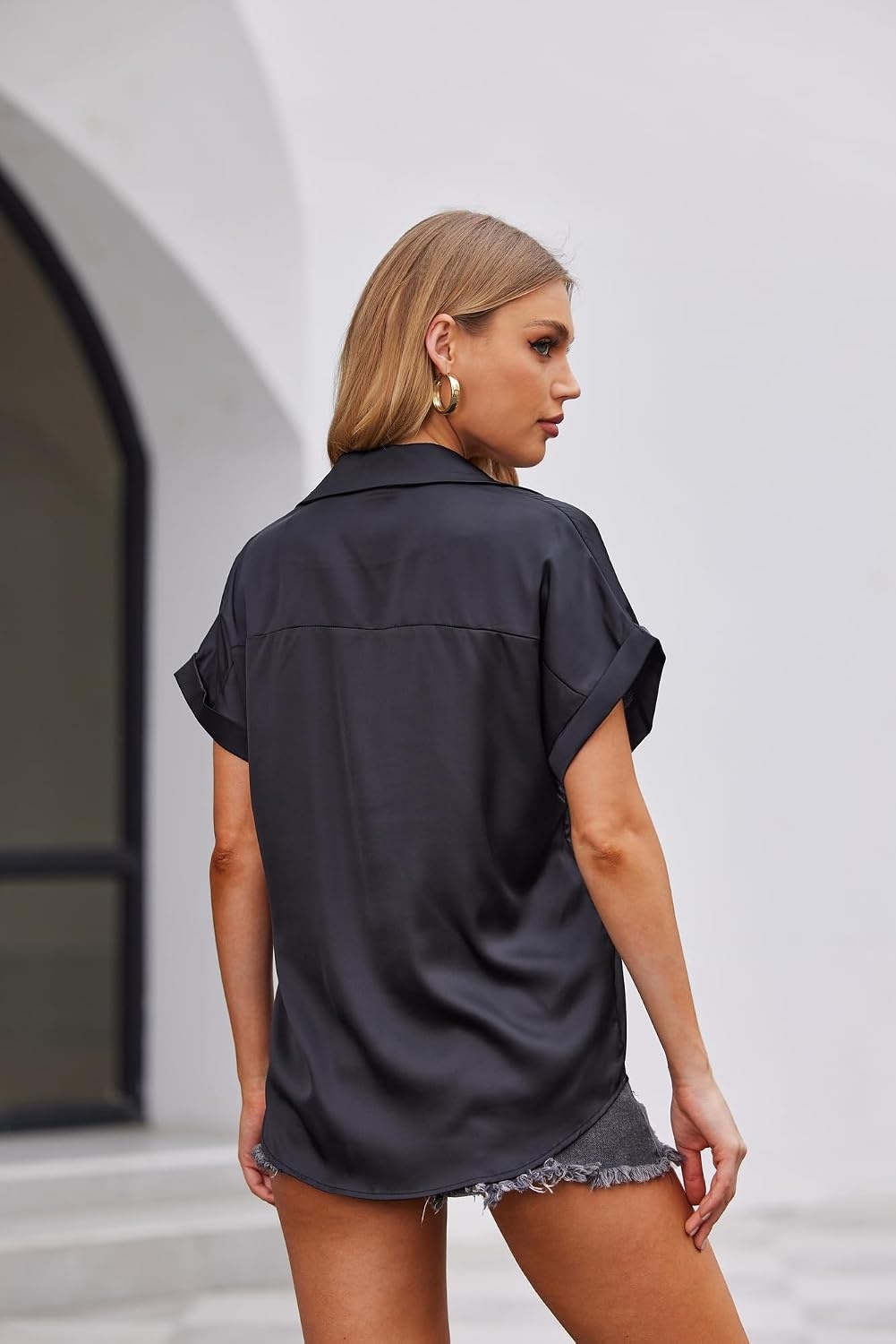 image:imageZeagoo Womens Satin Blouse Short Sleeve Silk Tops Button Down ShirtsBlack