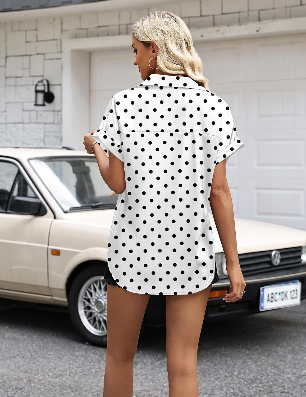 image:imageZeagoo Womens Satin Blouse Short Sleeve Silk Tops Button Down ShirtsBlack Polka Dot