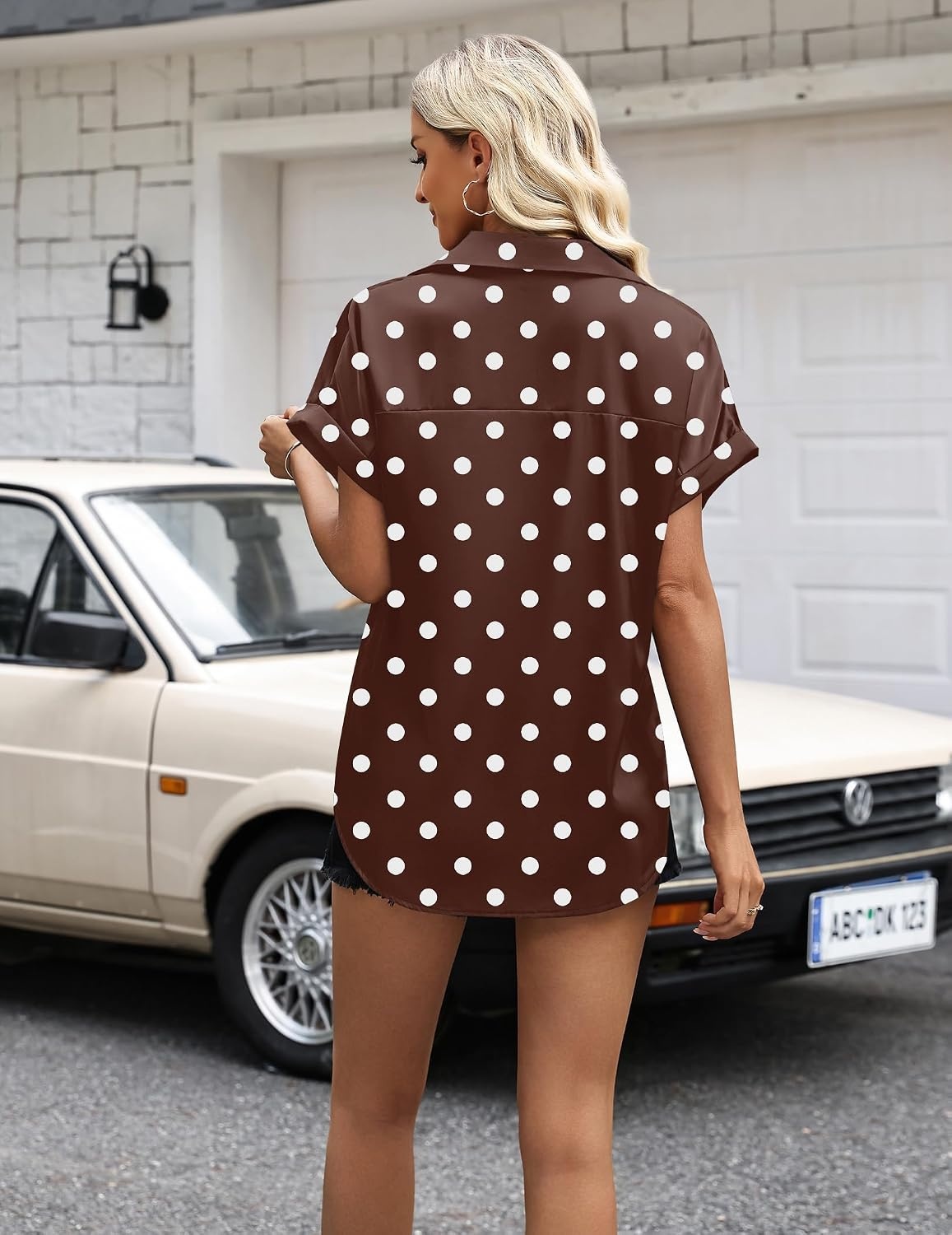 image:imageZeagoo Womens Satin Blouse Short Sleeve Silk Tops Button Down ShirtsBrown Polka Dot