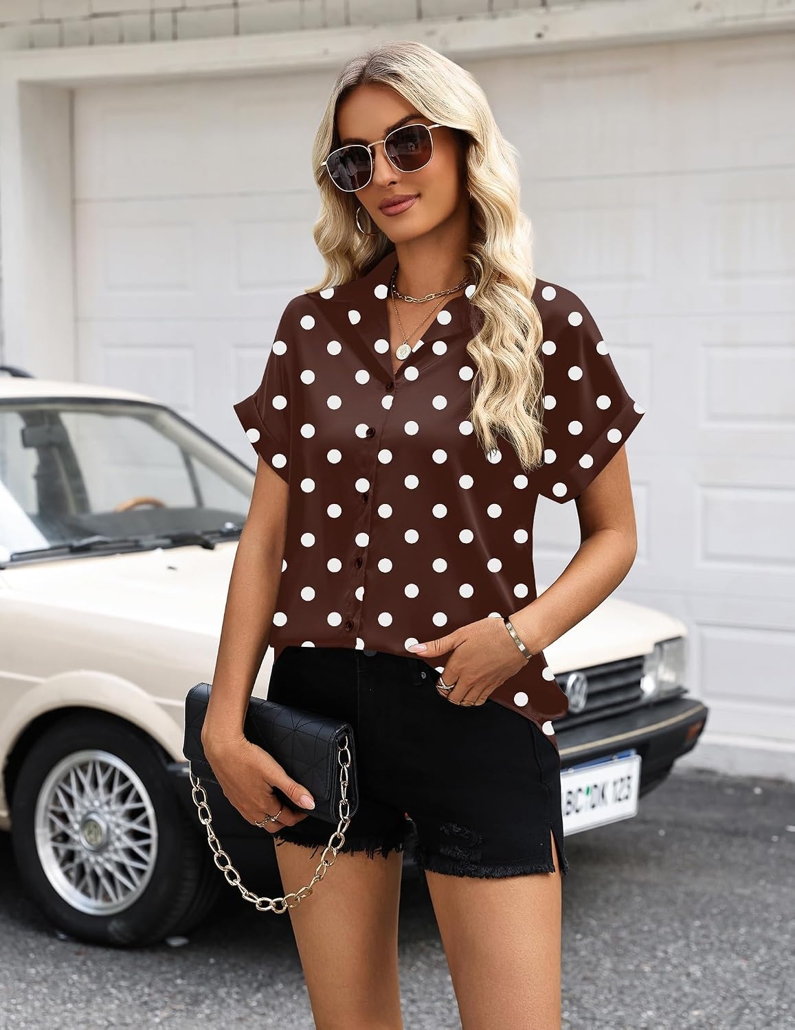 image:imageZeagoo Womens Satin Blouse Short Sleeve Silk Tops Button Down ShirtsBrown Polka Dot