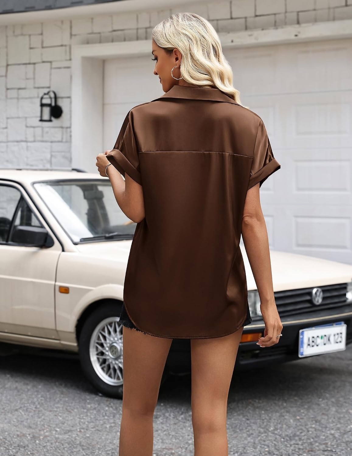 image:imageZeagoo Womens Satin Blouse Short Sleeve Silk Tops Button Down ShirtsChocolate Brown