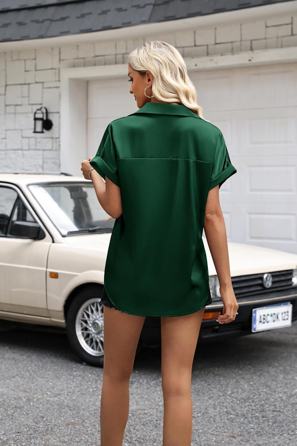 image:imageZeagoo Womens Satin Blouse Short Sleeve Silk Tops Button Down ShirtsGreen
