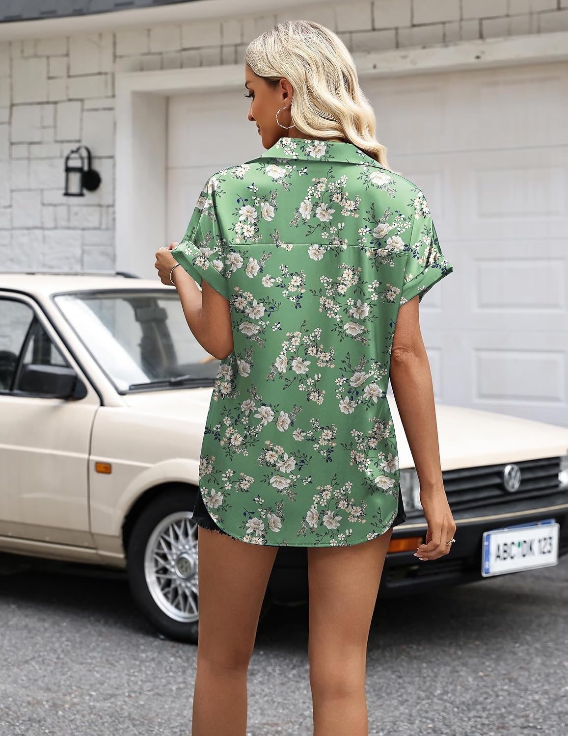image:imageZeagoo Womens Satin Blouse Short Sleeve Silk Tops Button Down ShirtsGreen Floral