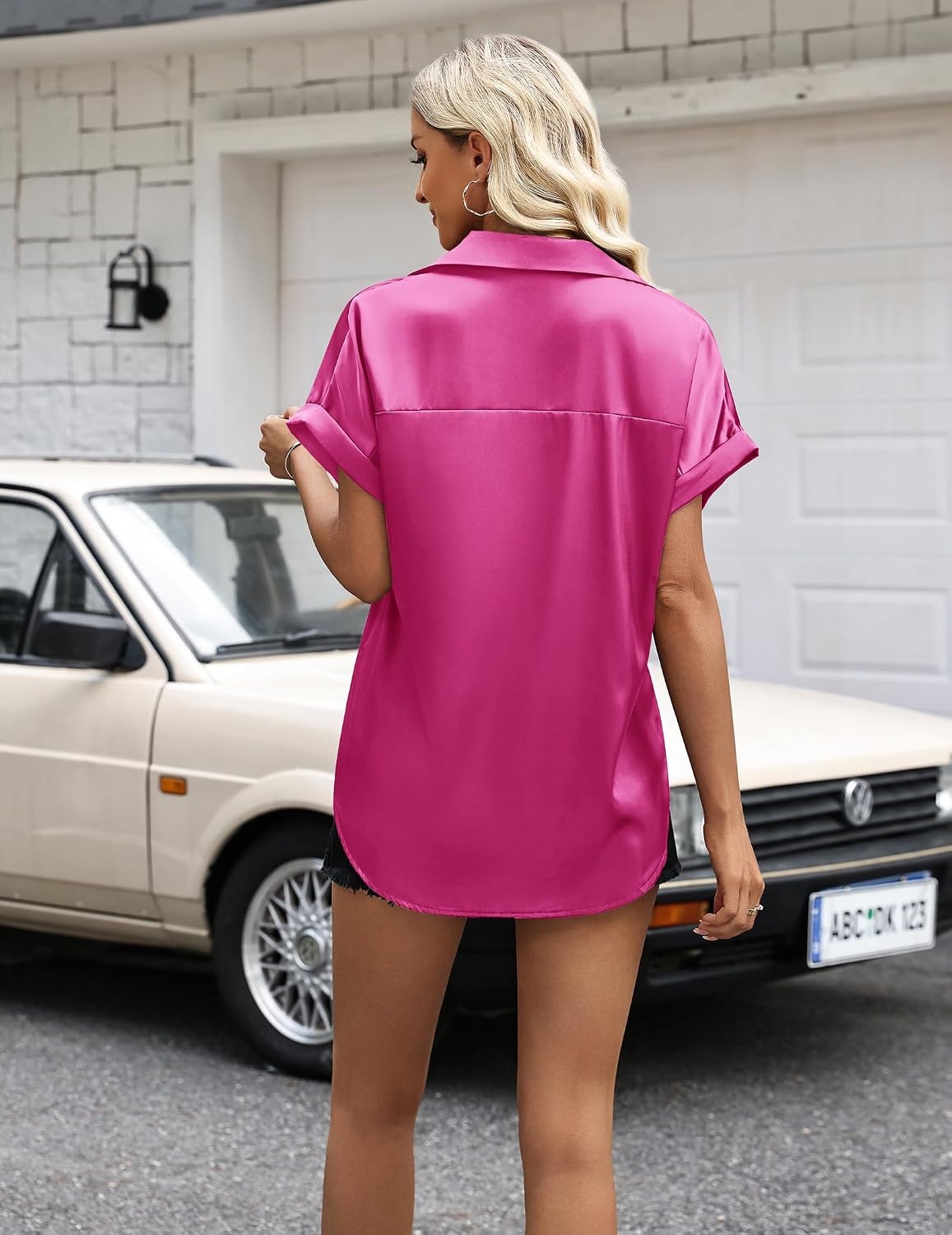 image:imageZeagoo Womens Satin Blouse Short Sleeve Silk Tops Button Down ShirtsHot Pink