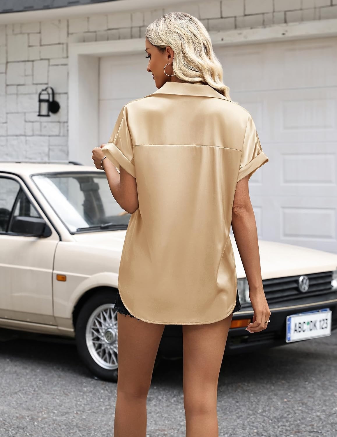 image:imageZeagoo Womens Satin Blouse Short Sleeve Silk Tops Button Down ShirtsKhaki
