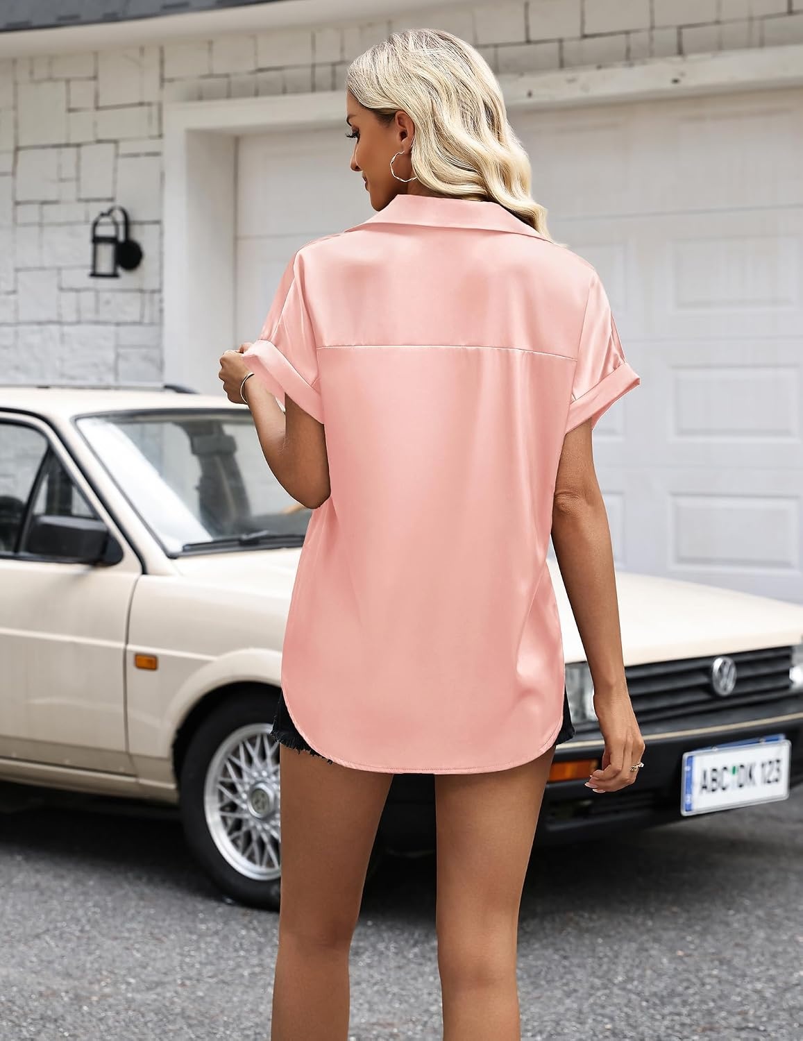 image:imageZeagoo Womens Satin Blouse Short Sleeve Silk Tops Button Down ShirtsLight Pink