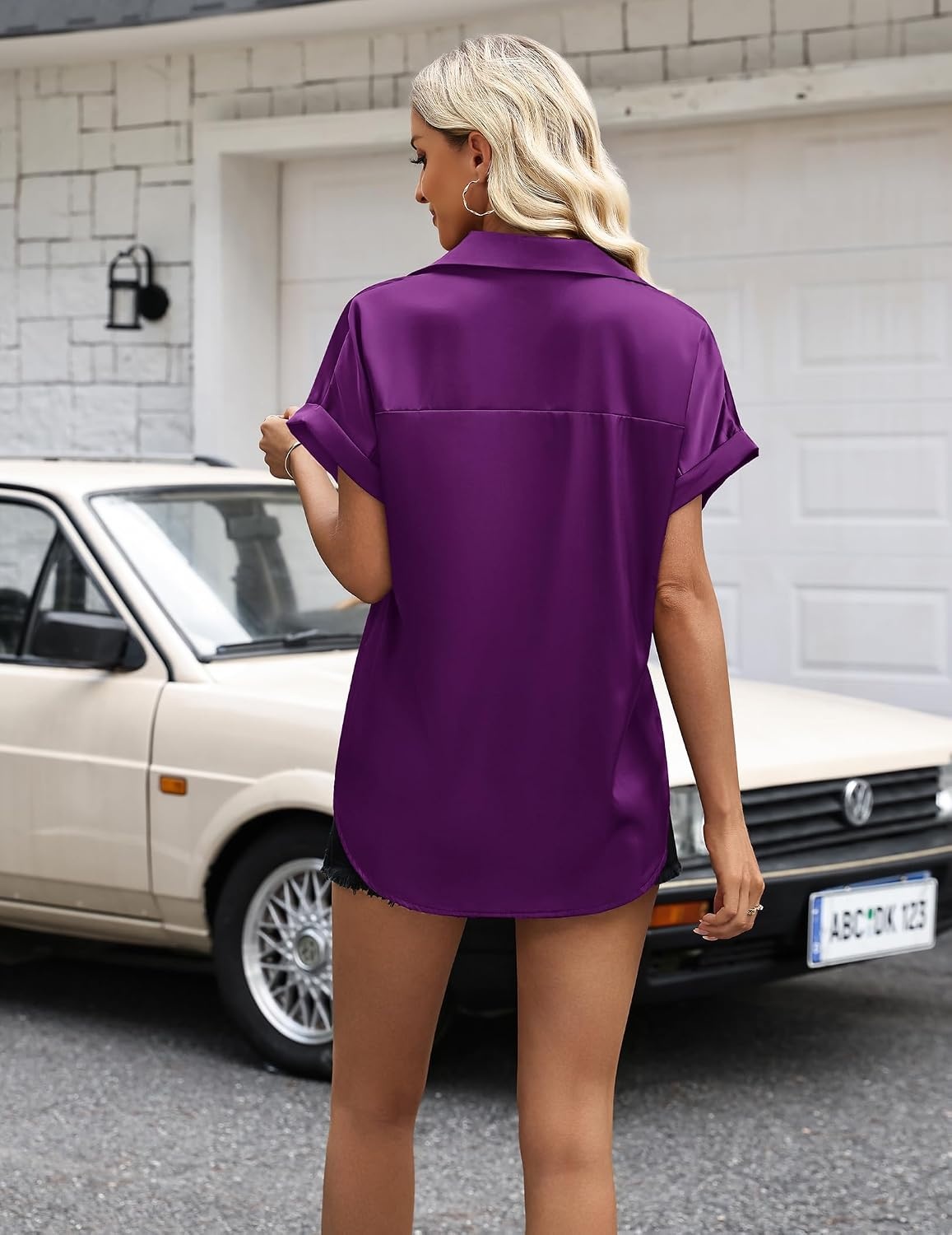 image:imageZeagoo Womens Satin Blouse Short Sleeve Silk Tops Button Down ShirtsPurple